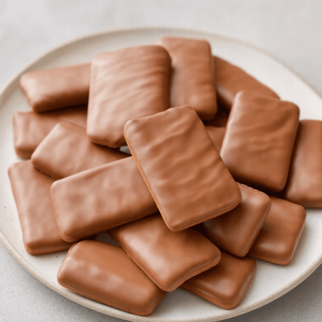 Small rectangular biscuits with golden-brown edges and a smooth, light-brown chocolate coating, arranged on a plate.