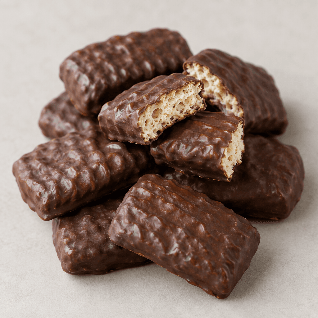 Short, slightly irregular rectangular biscuit pieces are coated in dark brown chocolate with a lightly ridged, crisp-looking surface, and one broken piece shows a pale, porous biscuit interior.