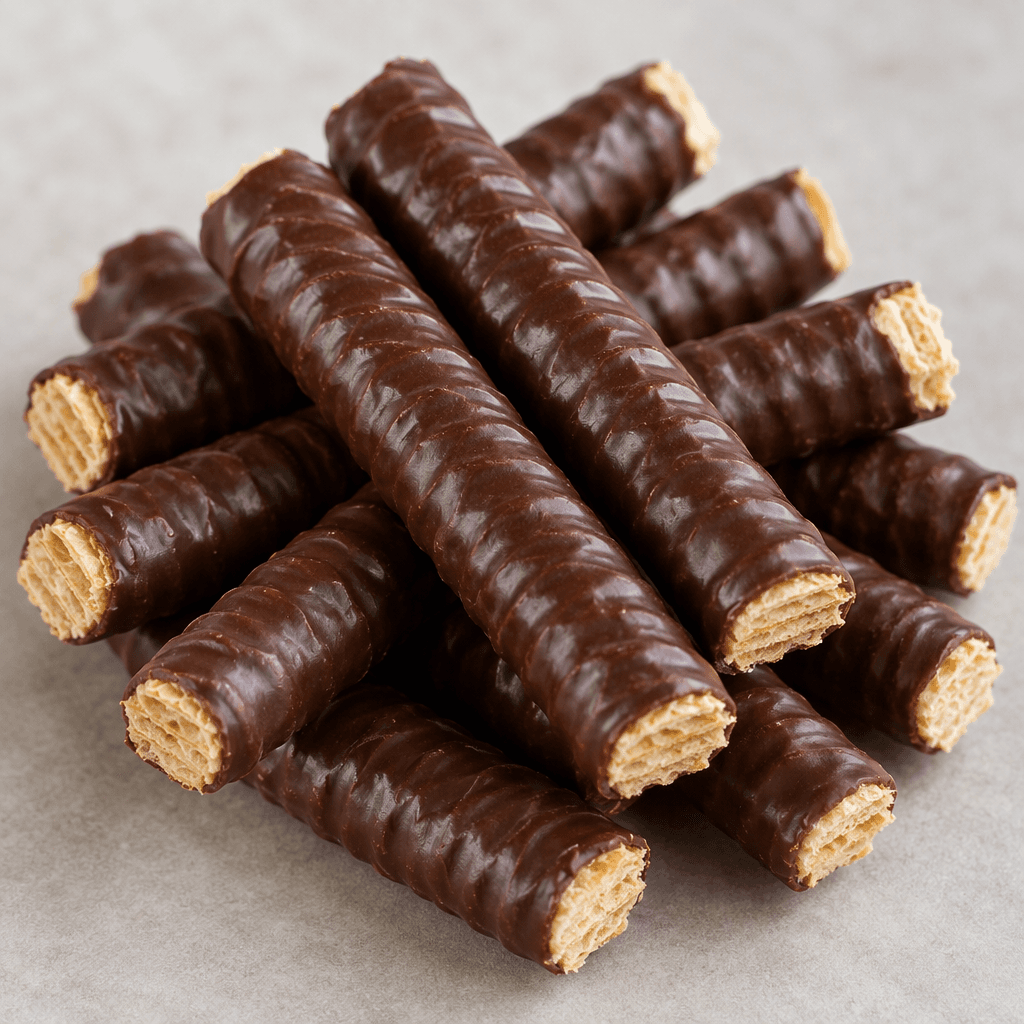 Slender, finger-shaped crunchy wafer biscuits are coated in glossy dark chocolate, with pale golden wafer visible at the ends and a lightly ridged surface.
