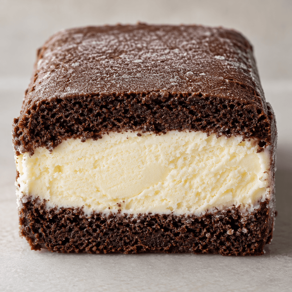 A small rectangular frozen cake with dark chocolate-brown outer layers and a pale, creamy center, shown cut to reveal its layers.