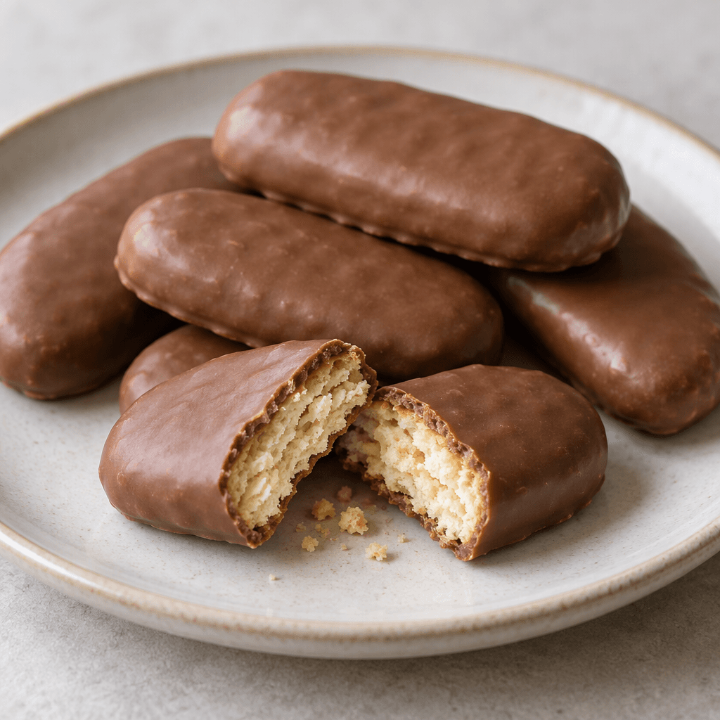 Small, oblong biscuits with a smooth milk-chocolate coating are arranged on a plate, with a broken piece showing a pale, crumbly biscuit interior.