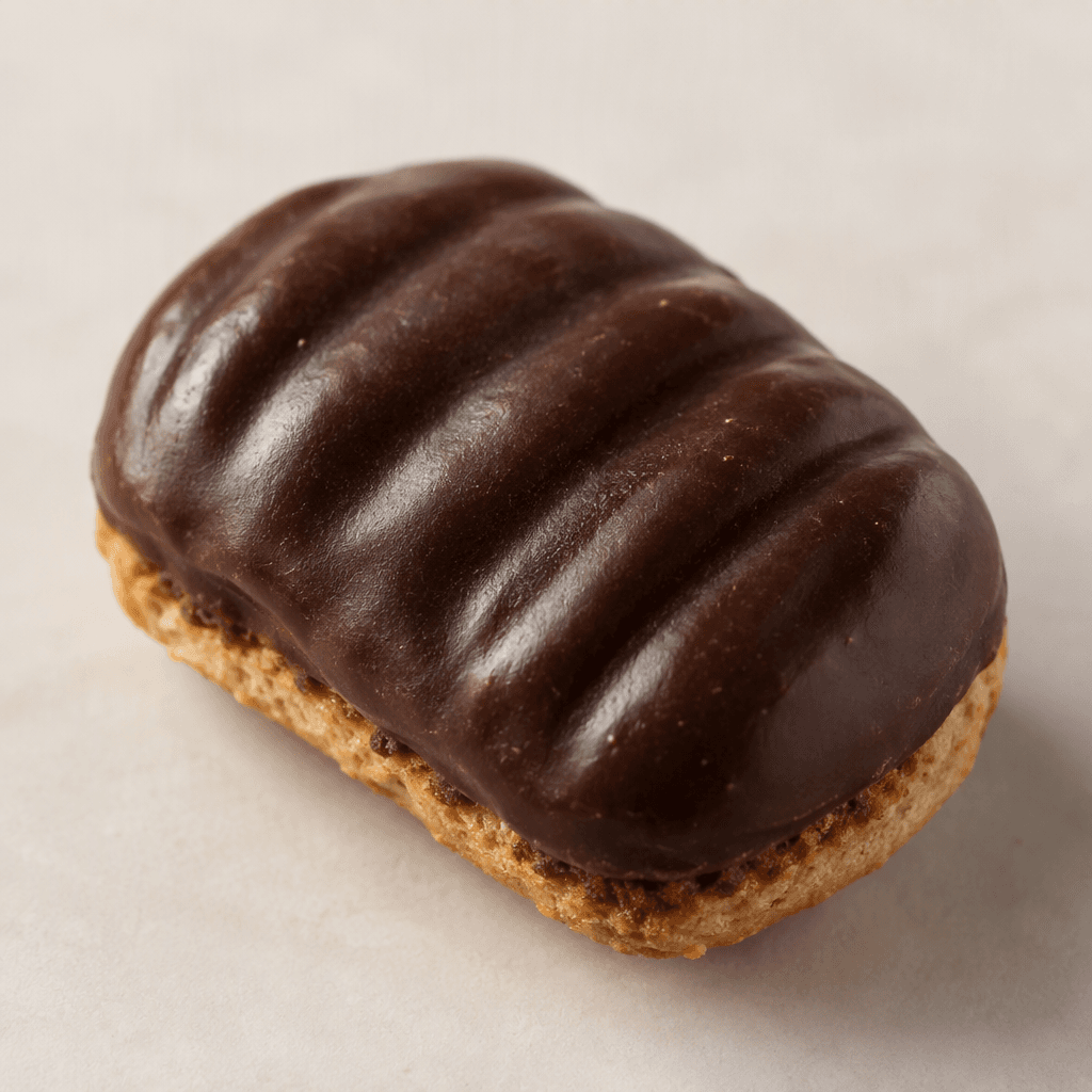 Small, rounded rectangular biscuits with a dark brown chocolate coating and a subtly ridged surface, shown individually with a crisp-looking biscuit edge.