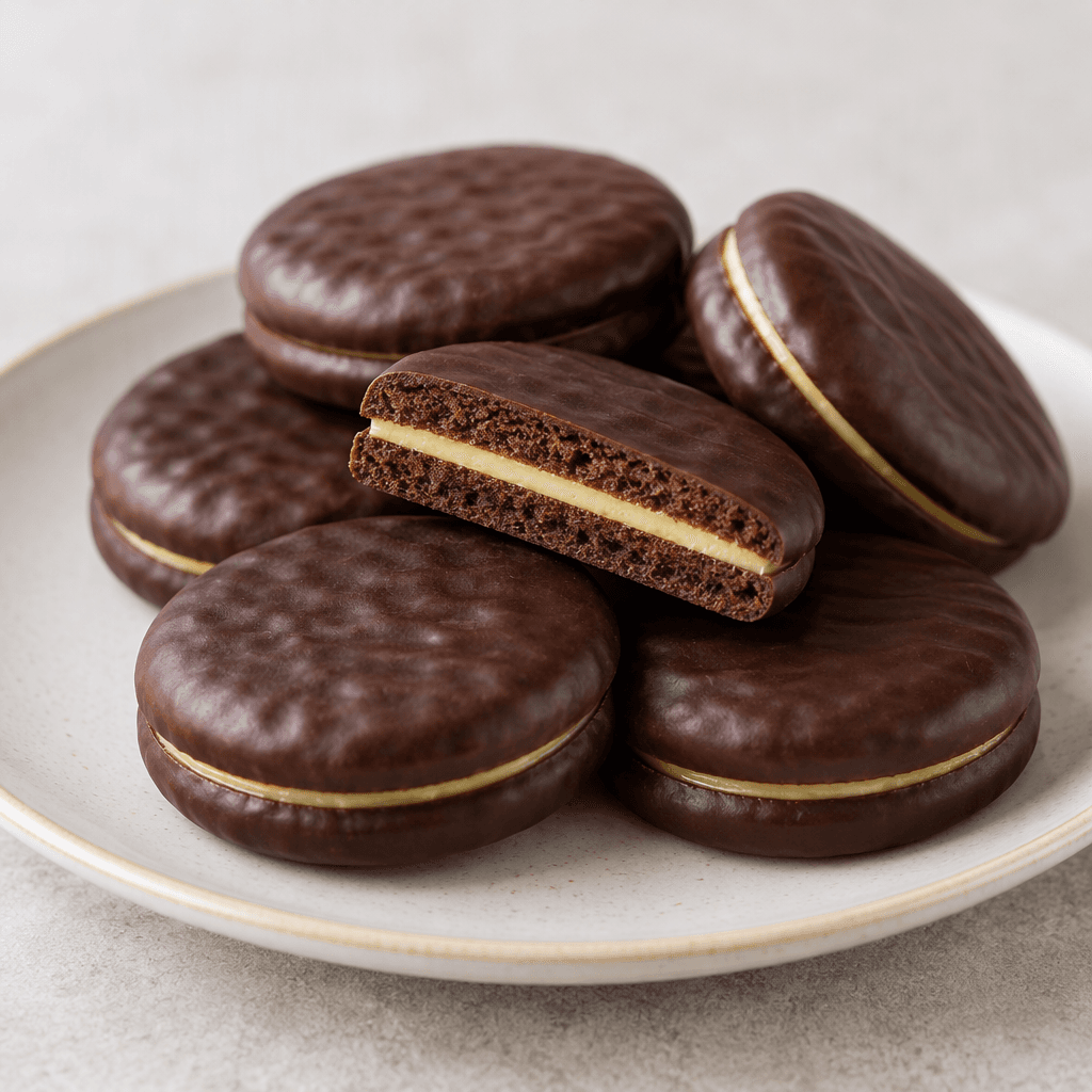 Small, round, dark-chocolate-coated soft biscuits with a thin pale-yellow lemon filling visible between the layers, arranged on a plate.