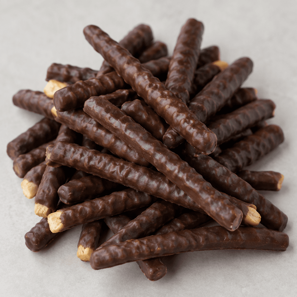 Slender, finger-length biscuit sticks with a dark brown chocolate coating and a slightly ridged surface, shown piled together.