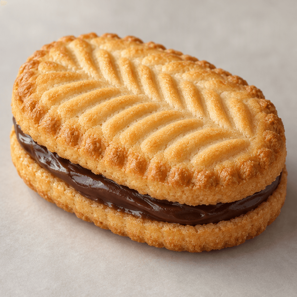 An oval, golden-brown biscuit with a lightly patterned top and a dark chocolate filling visible between its two crisp layers.