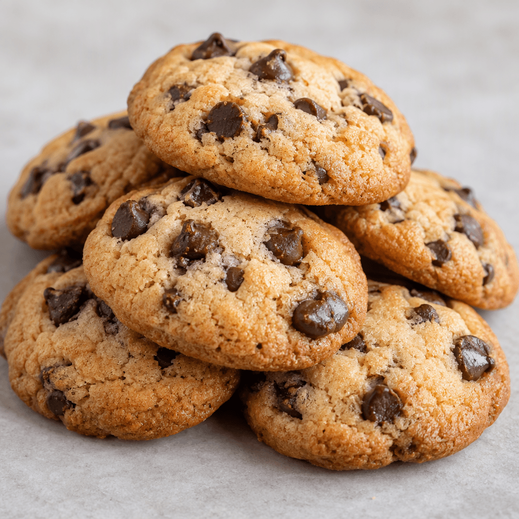 Small, rounded oval golden-brown biscuits with dark chocolate chips scattered across their lightly textured tops, arranged in a loose stack.