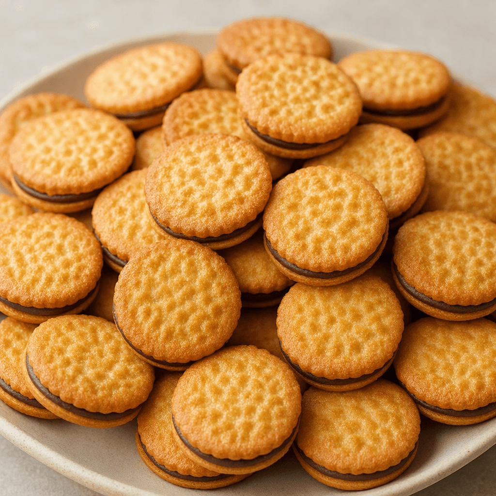 Small, round, golden-brown sandwich biscuits with lightly embossed tops and a thin layer of dark chocolate filling visible between the crisp-looking layers.