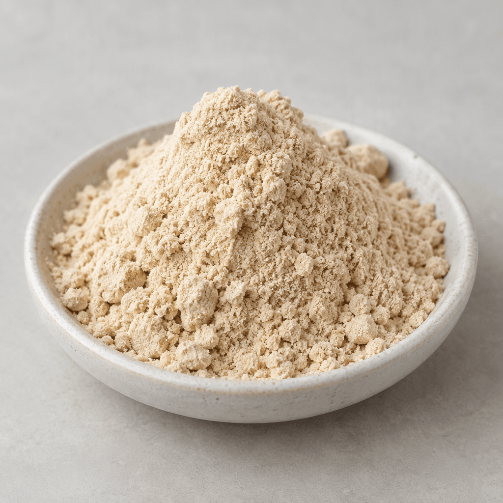 A mound of fine, pale beige biscuit protein powder with a dry, slightly grainy texture, scattered lightly across a small dish.