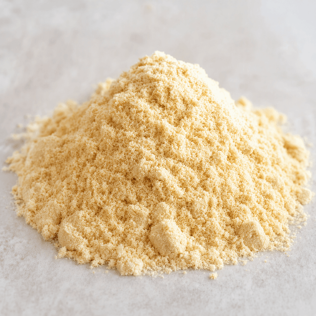A small mound of pale beige, finely ground protein powder with a soft, slightly grainy texture sits on a plain surface.