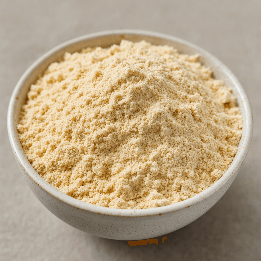 A mound of fine, loose, light beige protein powder with a slightly grainy texture sits in a small bowl.