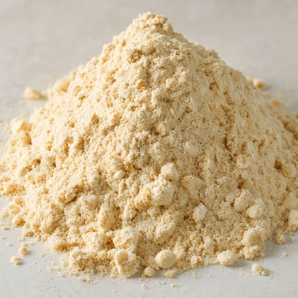 A mound of fine, pale beige protein powder with sparse darker biscuit-colored flecks and a soft, slightly clumpy texture.