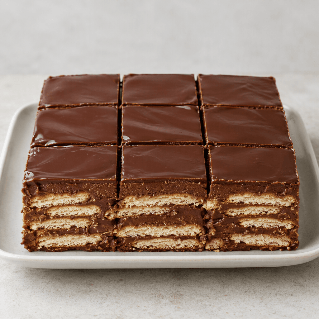 A rectangular chilled dessert with visible layers of pale biscuits and smooth chocolate pudding, topped with a glossy chocolate layer and cut into neat squares on a serving plate.