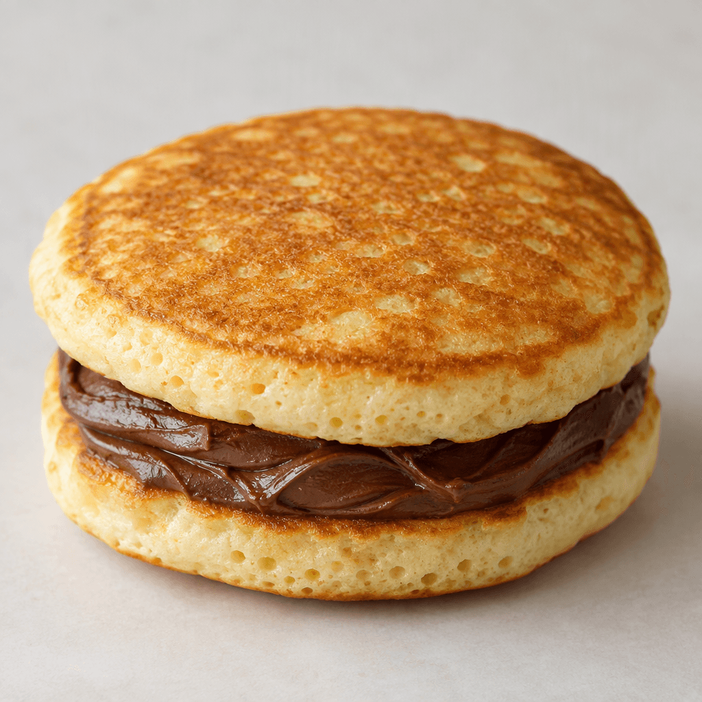 A thick, round golden-brown pancake is shown with a soft, lightly porous surface and dark chocolate cream visible between its layers.
