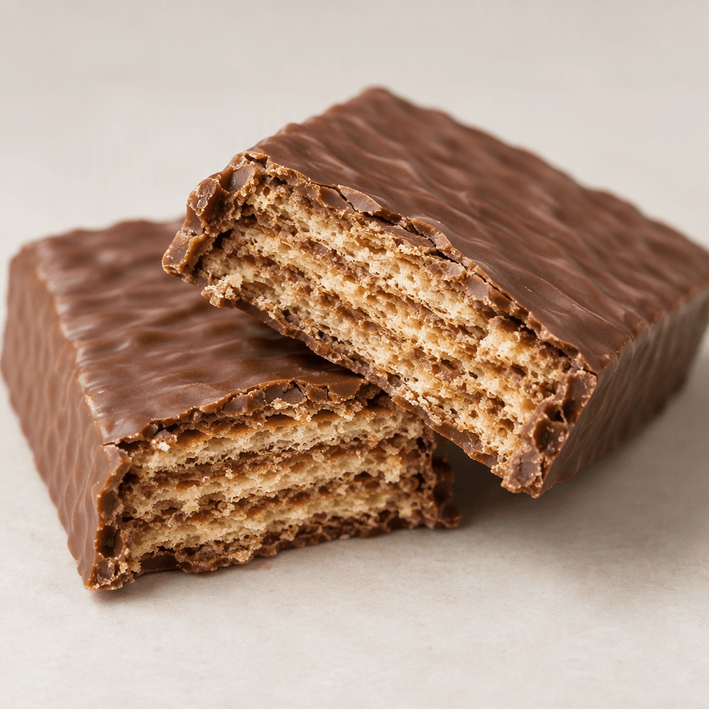 A rectangular chocolate wafer bar with crisp, thin layered wafers and chocolate-colored coating, shown broken to reveal its pale golden layers and rough, crumbly edges.
