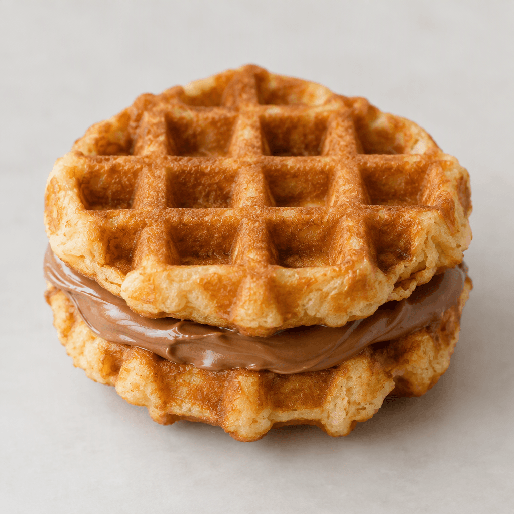 A compact golden-brown waffle with a crisp square grid and a layer of smooth light-brown hazelnut cream visible between its ridged sides.
