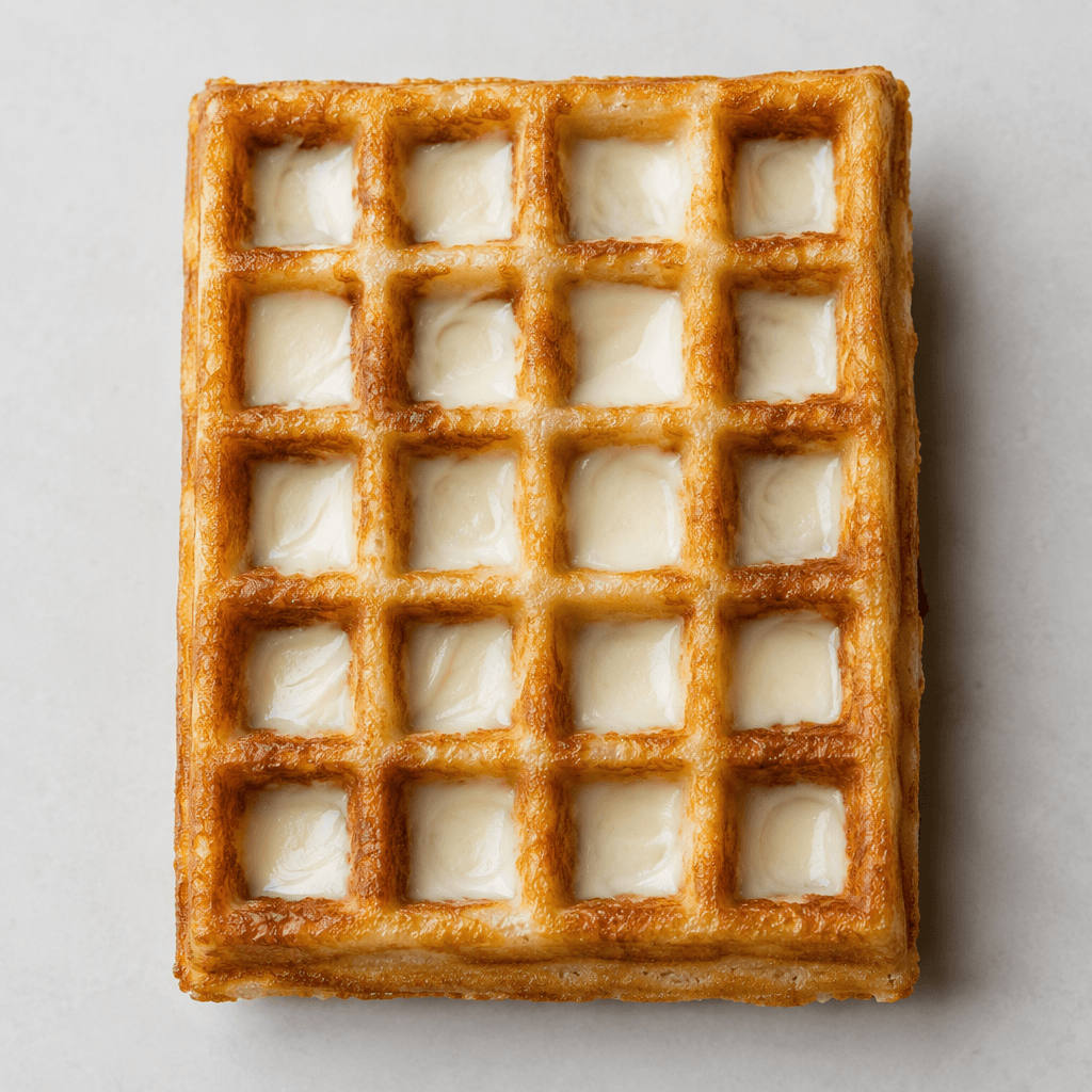 A golden-brown rectangular waffle with a crisp-looking grid of deep square pockets and a smooth layer of pale cream visible across its surface.
