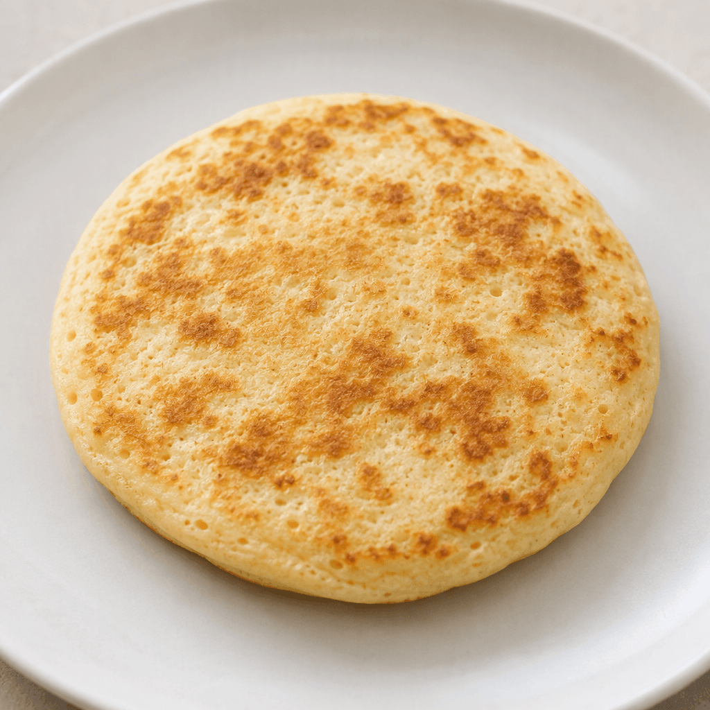 A small, round, pale-golden pancake with a soft, slightly porous surface and scattered toasted-brown patches, shown plain on a plate.