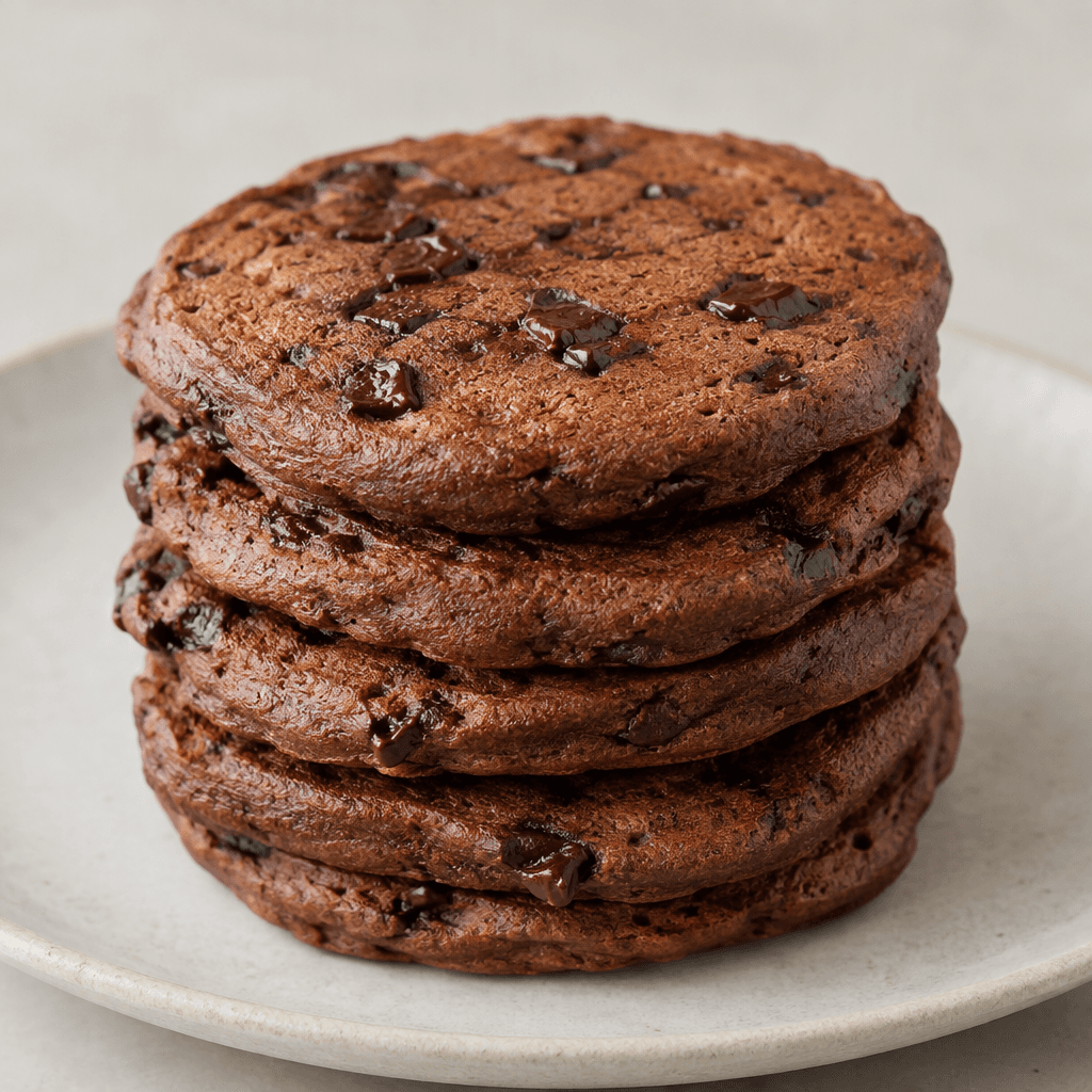 A small stack of thick, round, dark cocoa-brown pancakes with a softly textured surface and scattered darker chocolate pieces, served on a plate.
