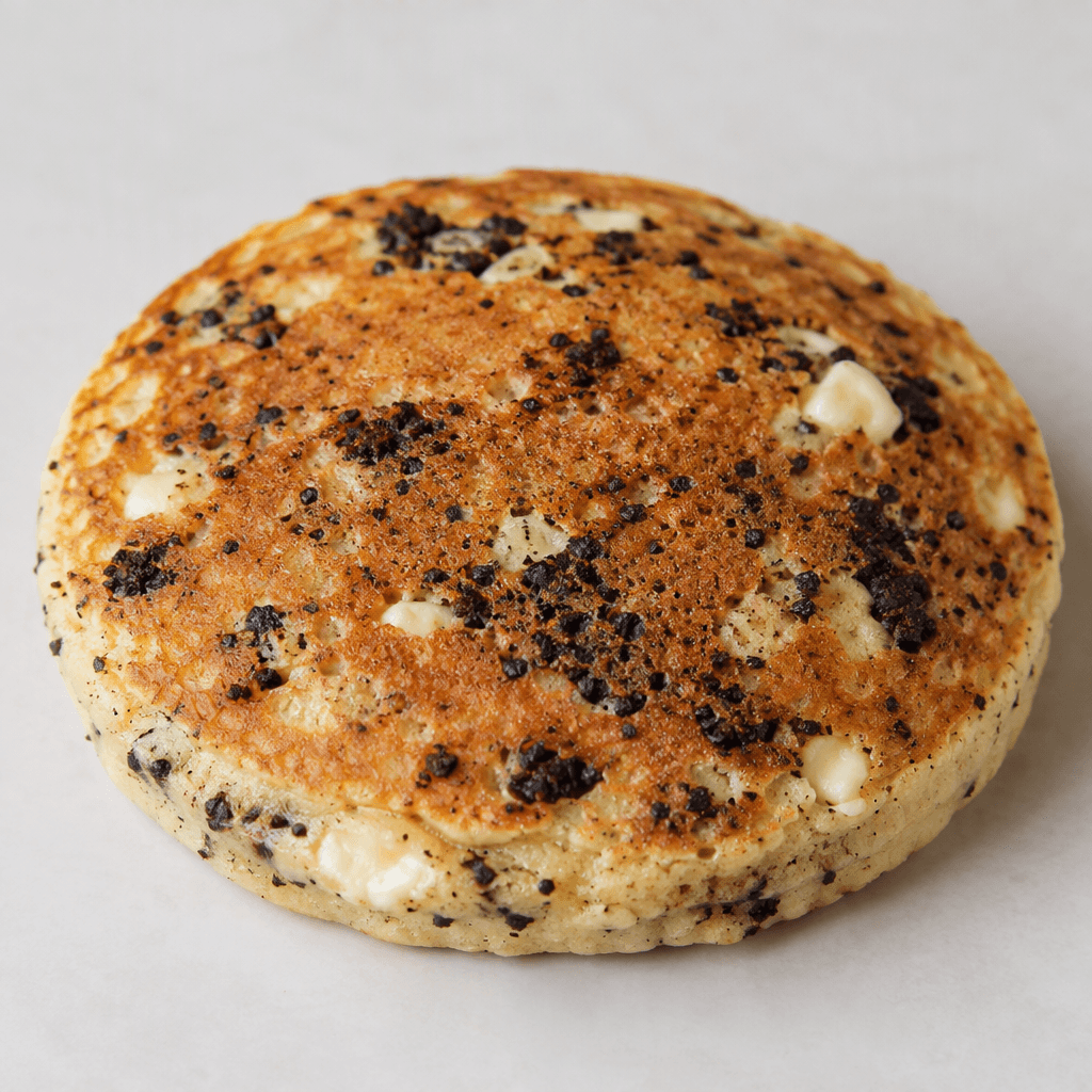 A thick, round, golden-brown pancake with scattered dark cookie crumbs and pale cream-colored flecks visible across its surface.
