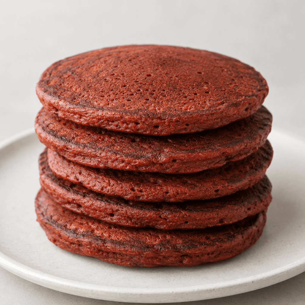A stack of round, deep red-brown pancakes with a soft, lightly porous surface and darker browned edges, served plain.
