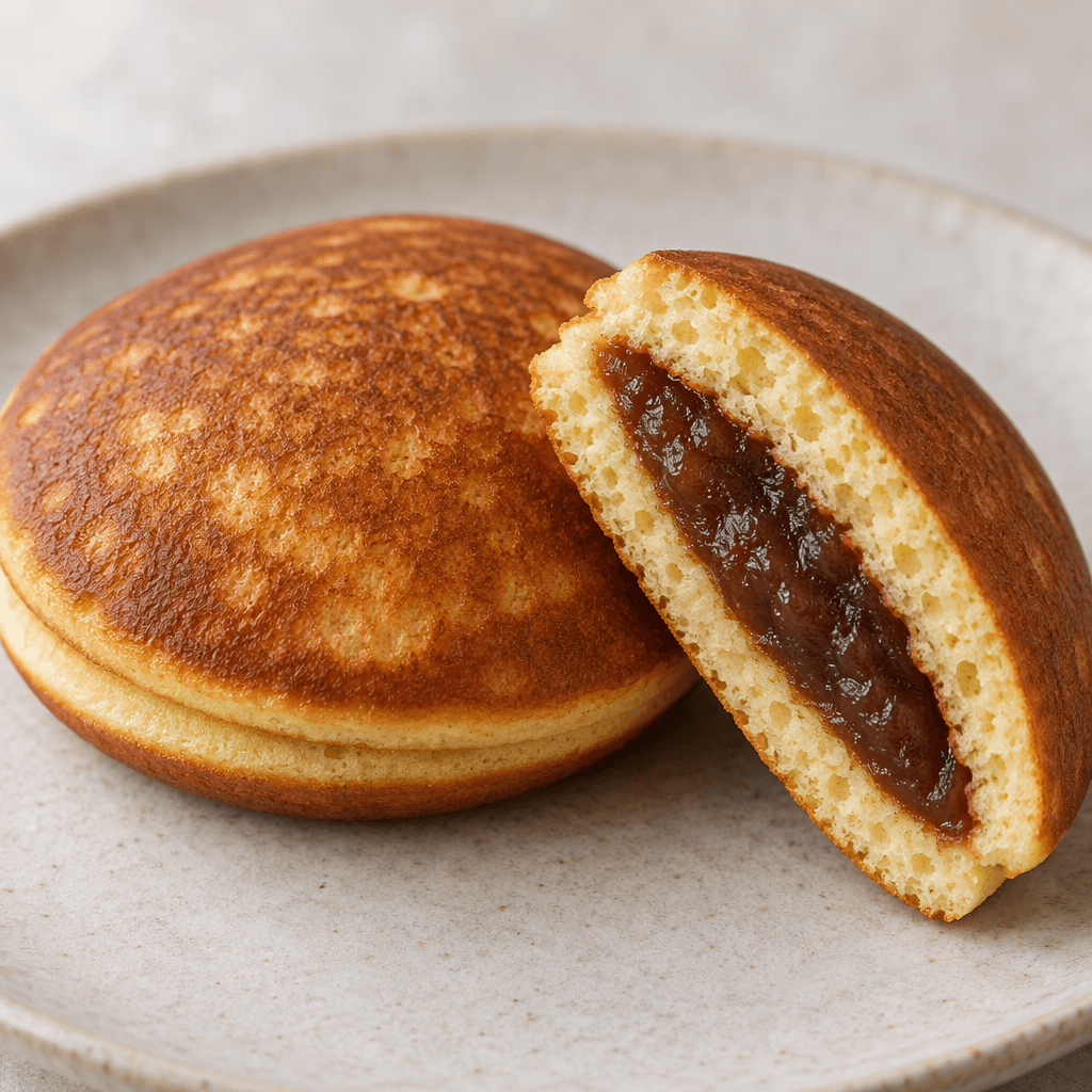 A thick, round, golden-brown pancake with a softly mottled surface, shown whole beside a cut half that reveals a smooth, dark caramel-brown filling.