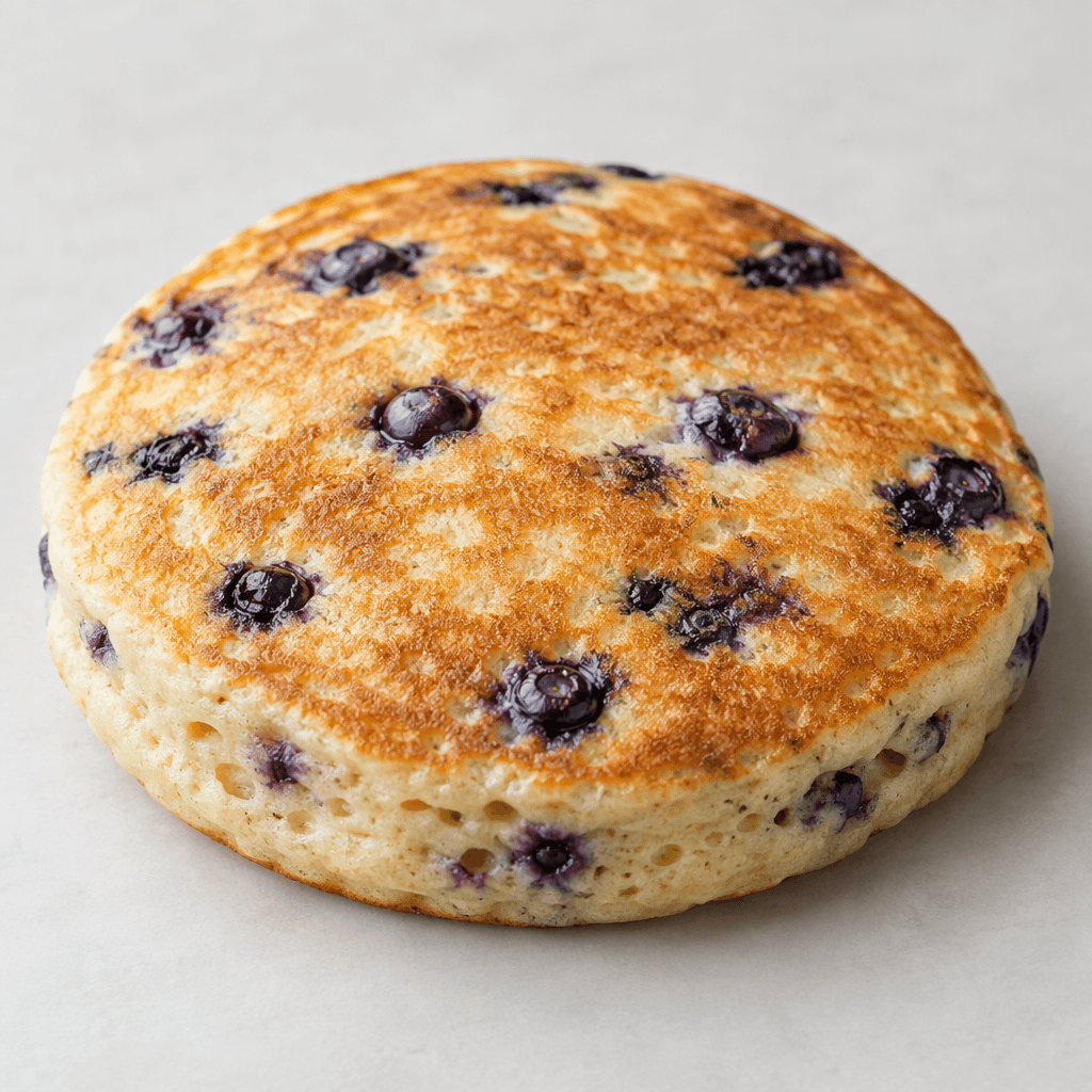 A thick, round pancake with a golden-brown surface and scattered blue-purple blueberries, showing a soft, slightly porous texture along its edges.