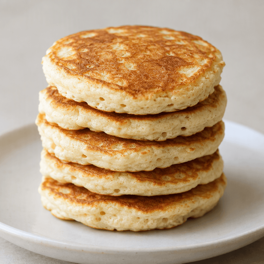 A stack of small, thick, round pancakes with a golden-brown surface, softly uneven edges, and a pale, porous interior visible at the sides.
