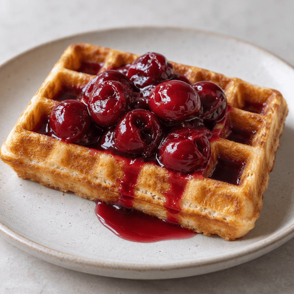 A thick, golden-brown rectangular waffle with a deep square grid sits on a plate, topped with glossy dark-red sour cherries and a little cherry syrup.