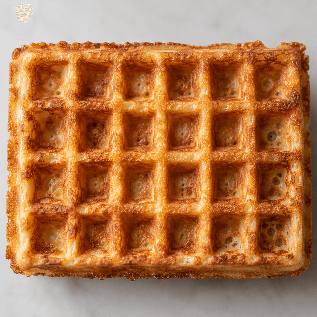 A golden-brown rectangular waffle with a clearly defined grid of small square pockets and a slightly crisp, uneven surface.