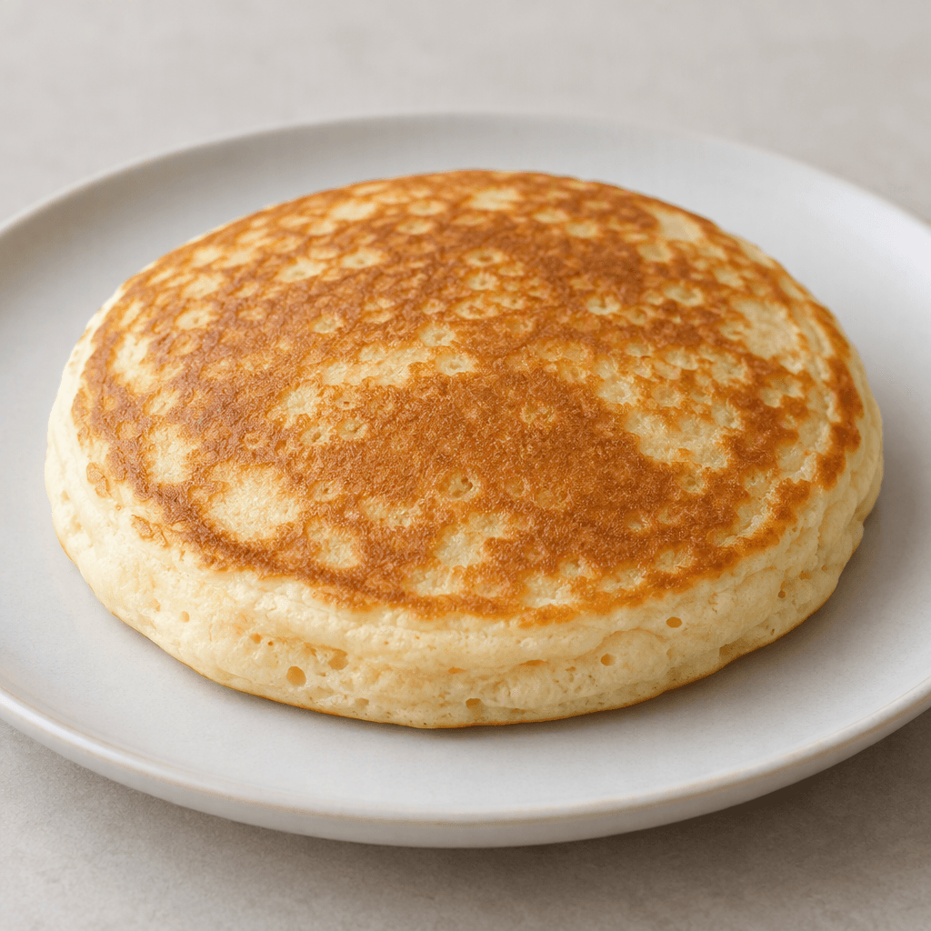 A thick, round pancake with a softly textured surface, golden brown patches, and pale edges, served plain on a plate.