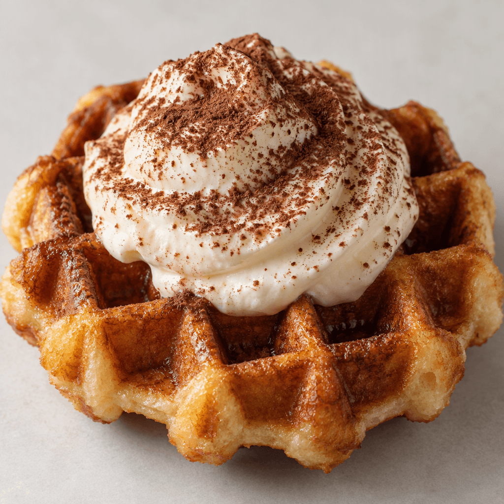 A compact golden-brown waffle with a crisp grid pattern, topped with a pale cream layer and a light dusting of cocoa powder.
