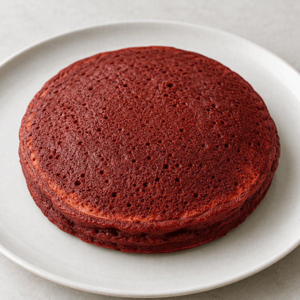 A round, thick red-velvet pancake with a deep reddish-brown surface, softly porous texture, and lightly browned edges, served on a plate.