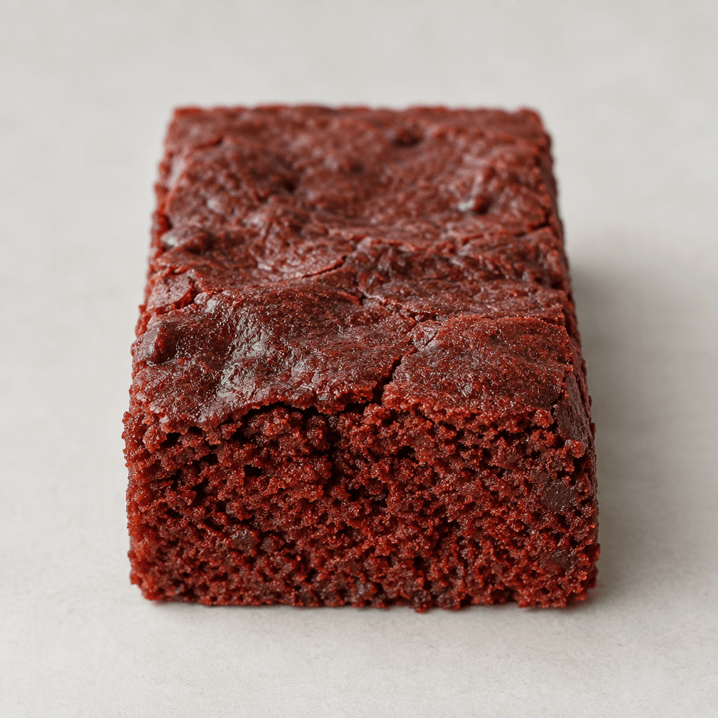A compact rectangular bar with a deep reddish-brown, slightly uneven surface and a dense red-crumb interior visible at the cut end.