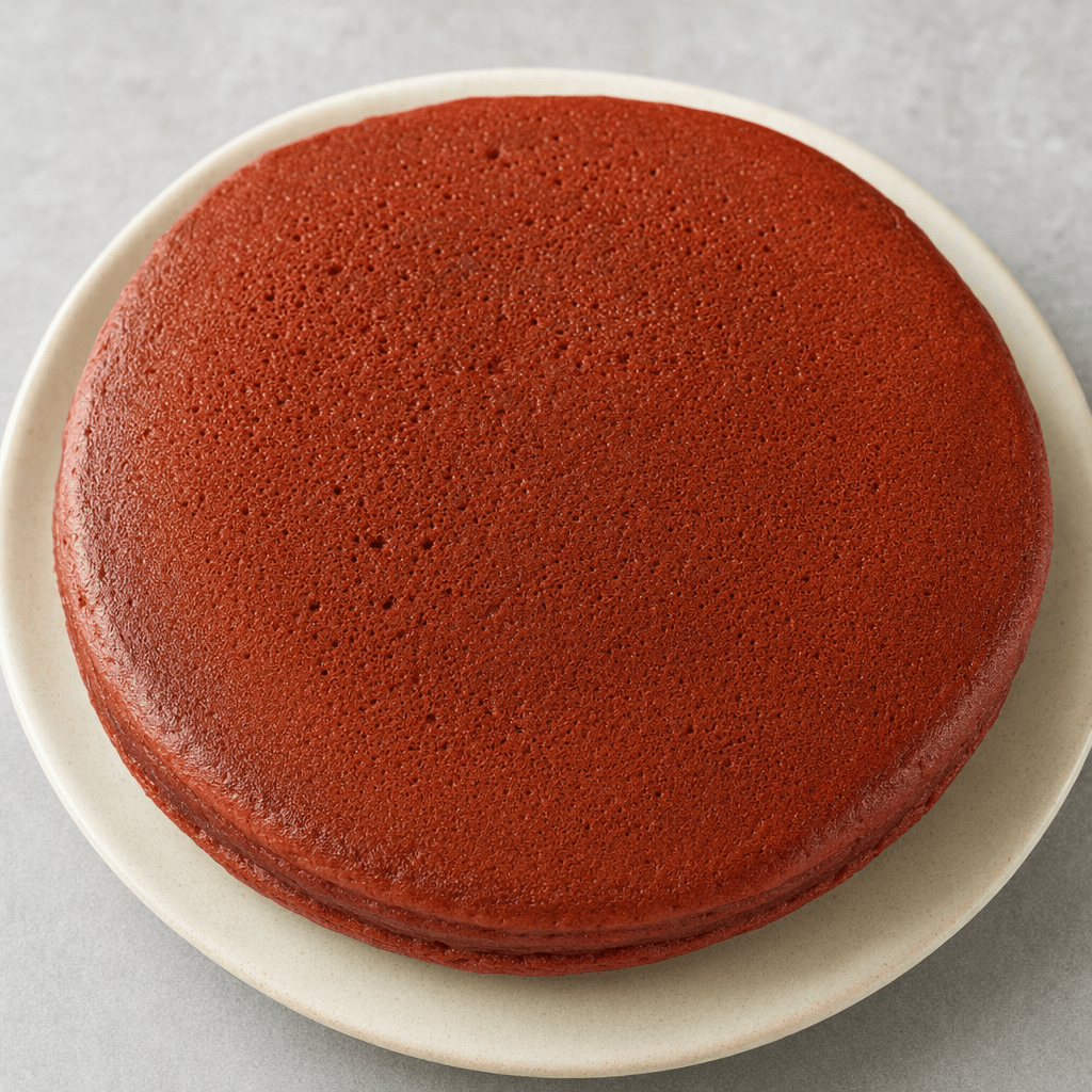 A thick, round red-velvet pancake with a deep reddish-brown surface, lightly browned edges and a soft, finely porous texture, served on a plate.