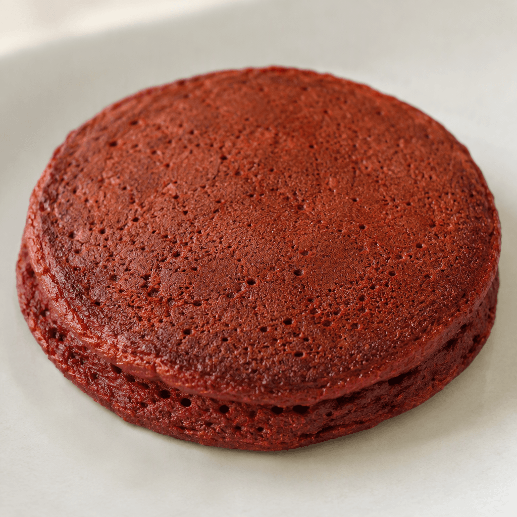 A thick, round red-velvet pancake with a deep reddish-brown surface and a soft, slightly porous texture, served plain.