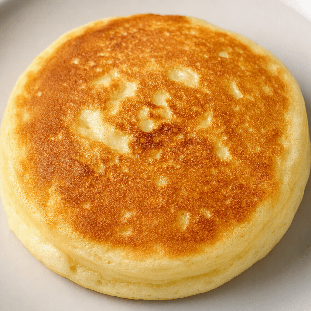 A thick, round pancake with a golden-brown surface, softly textured edges, and a few darker toasted patches.