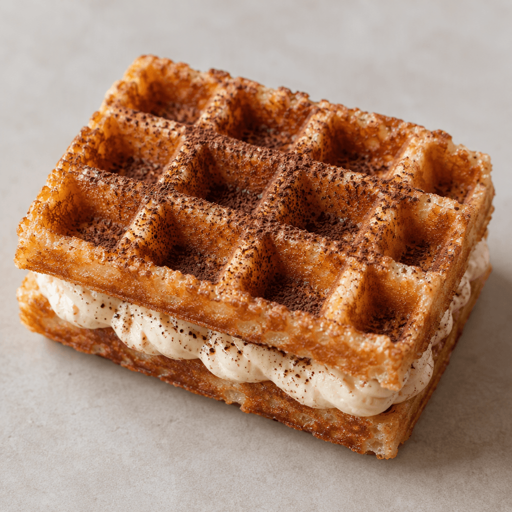 A small rectangular waffle with a crisp, golden-brown grid-patterned surface, pale cream filling visible at the edges, and a light dusting of cocoa.