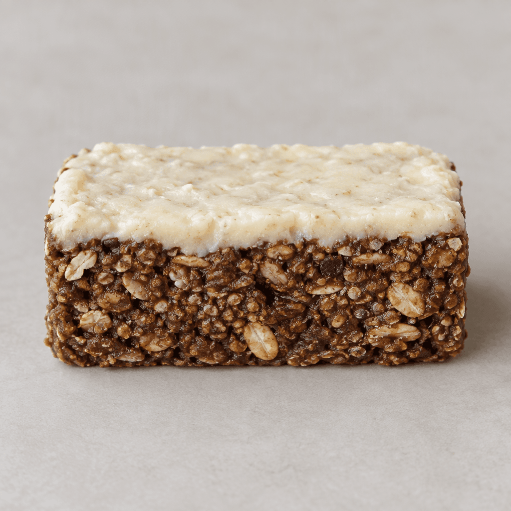 A compact rectangular oat bar with a rough, visible oat-flake texture, cocoa-brown coloring, and a light cream-colored layer across the top.