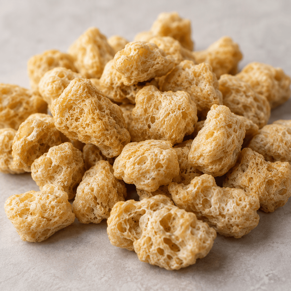 Small, irregularly shaped vegan protein puffs with a pale golden-beige color and a dry, porous, lightly craggy surface are scattered in a loose pile.