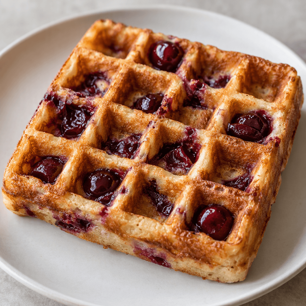 A thick, golden-brown waffle with a crisp square grid, dotted with dark red sour-cherry pieces and served on a plain plate.