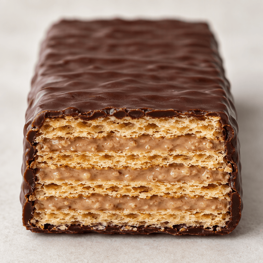 A rectangular wafer bar with a dark chocolate coating and a cut face showing thin, crisp golden layers separated by pale hazelnut-colored cream.