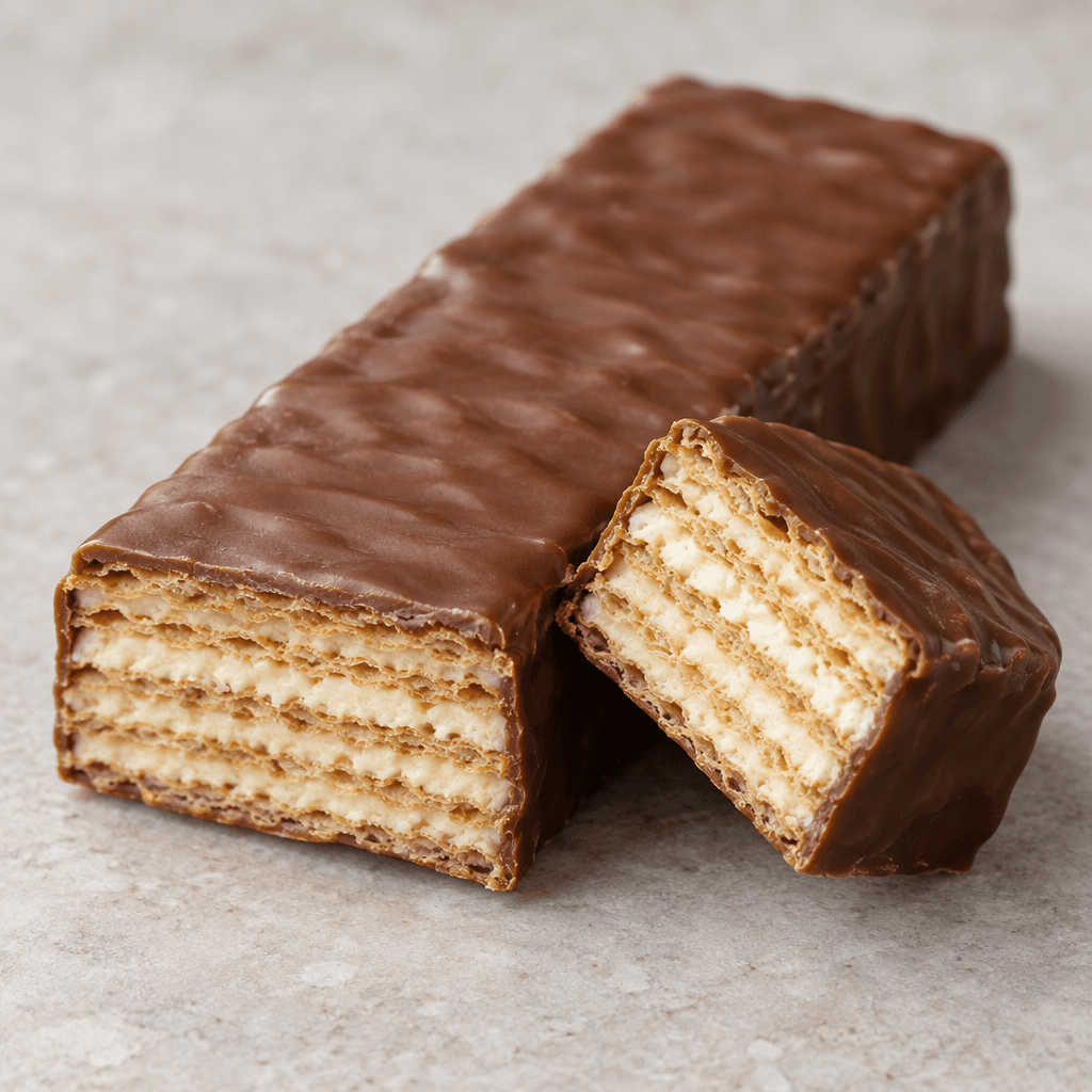 A rectangular wafer bar with crisp, thin layered sheets and pale cream filling, partly coated in a smooth brown chocolate layer, shown whole beside a cut piece that reveals the striped cross-section.