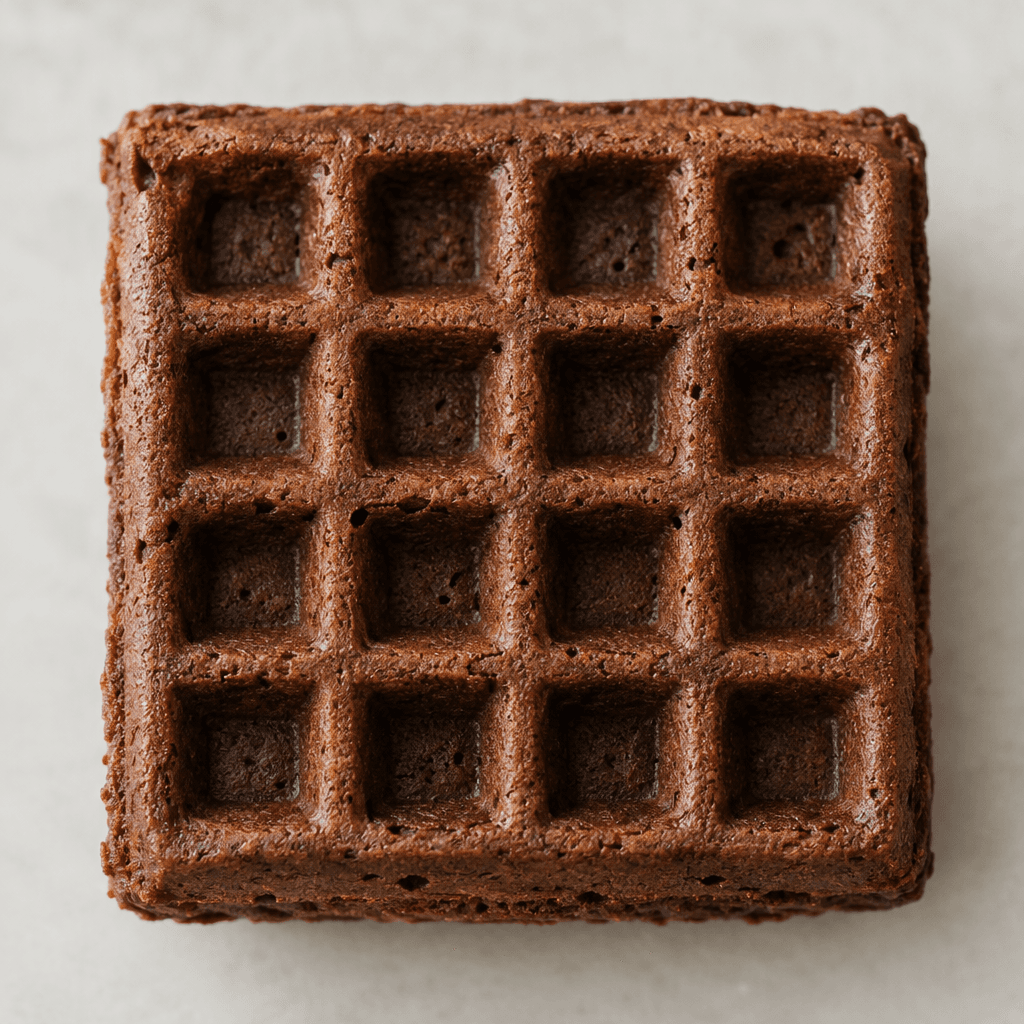 A dark cocoa-brown waffle with a square shape, crisp-looking edges, and a regular grid of deep square indentations across its surface.
