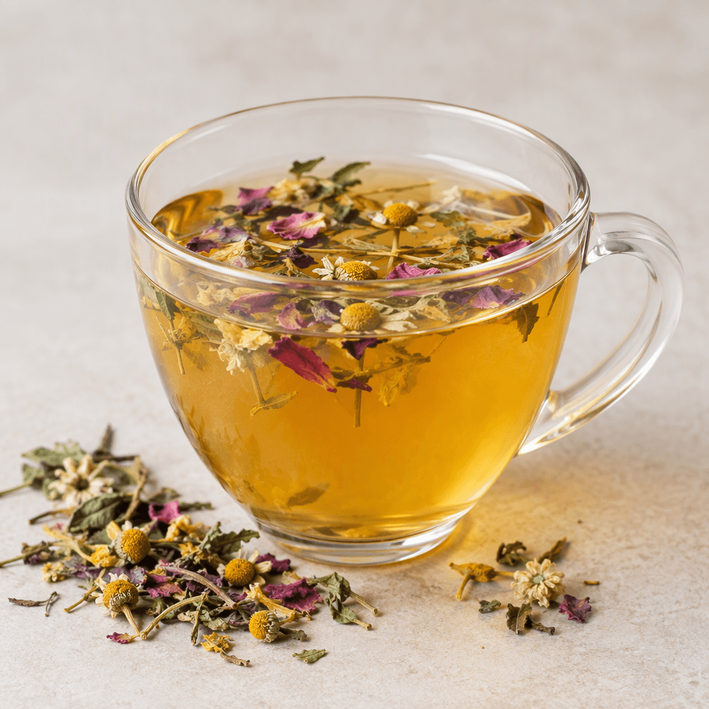 A clear glass cup filled with amber-golden herbal infusion, with small floating leaves and delicate flower petals visible on the surface, set beside a few loose dried herbs and flowers.