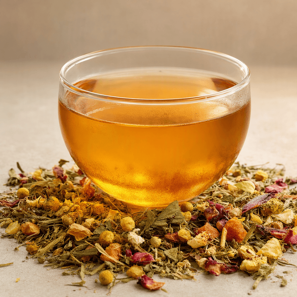 A clear cup holds a warm amber herbal infusion, with loose dried leaves, flower petals, and small pieces of herbs arranged beside it.