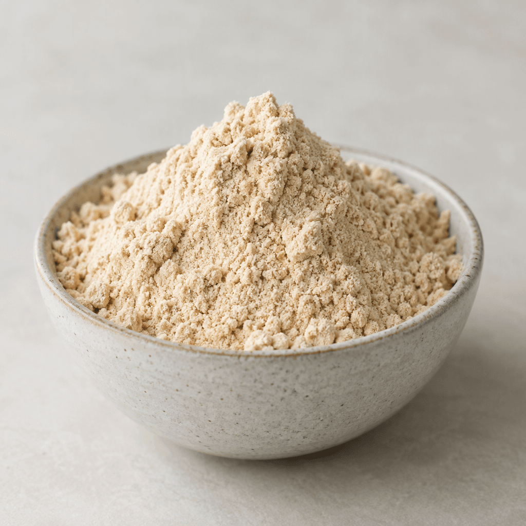 Küçük bir kâsede duran, açık bej ile açık kum rengi arasında, kuru ve hafif taneli dokulu, kenarları yumuşak ve düzensiz bir bitkisel protein tozu yığını.
