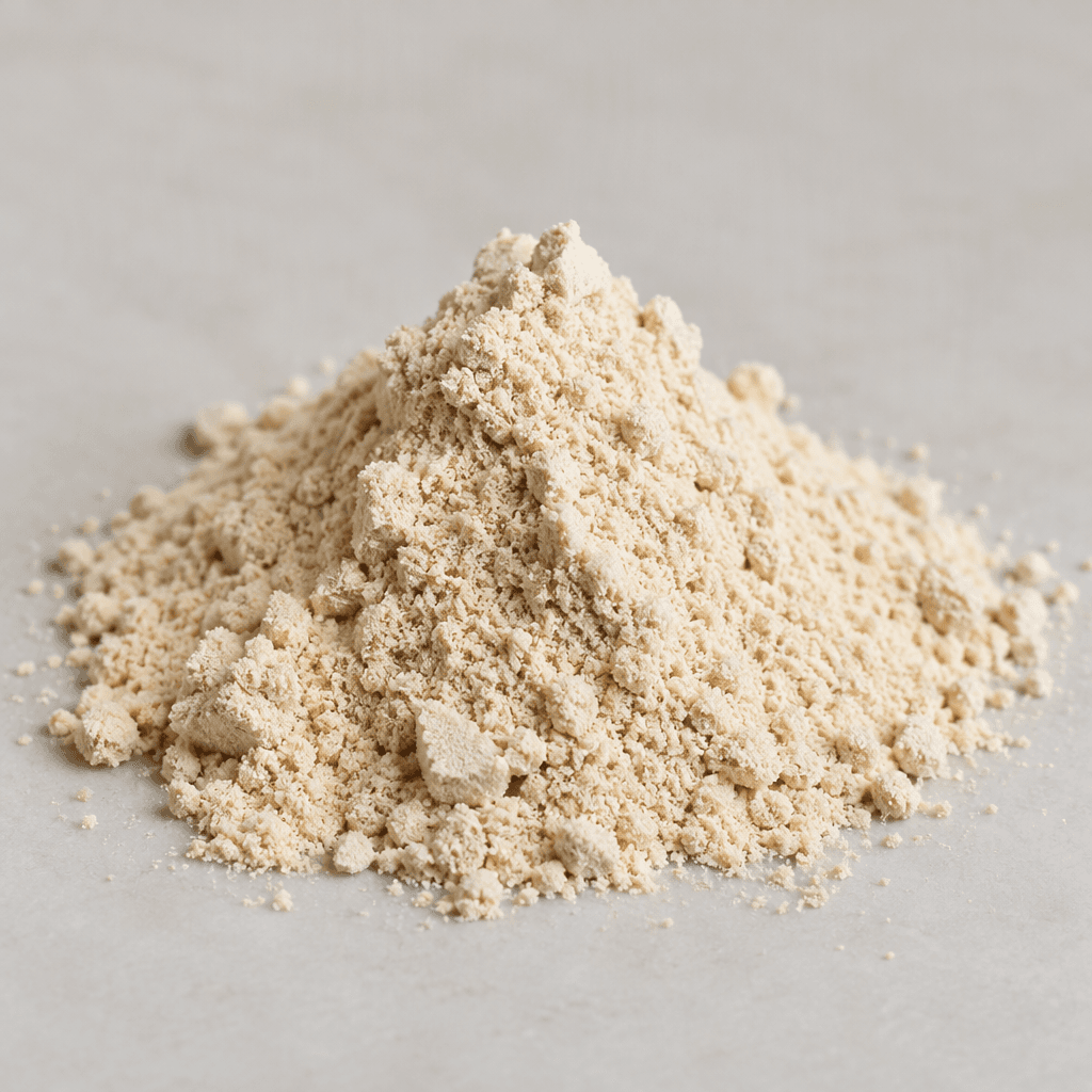 A small mound of pale beige plant protein powder with a fine, slightly grainy texture sits on a plain surface.