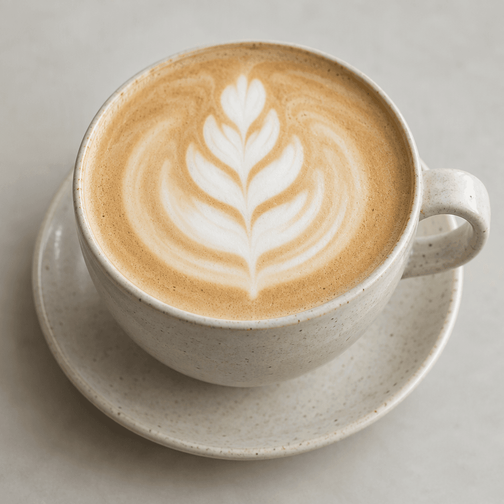 Fincanda, yüzeyinde ince beyaz yaprak biçimli köpük deseni bulunan, açık bej renkli ve pürüzsüz dokulu bir latte var.