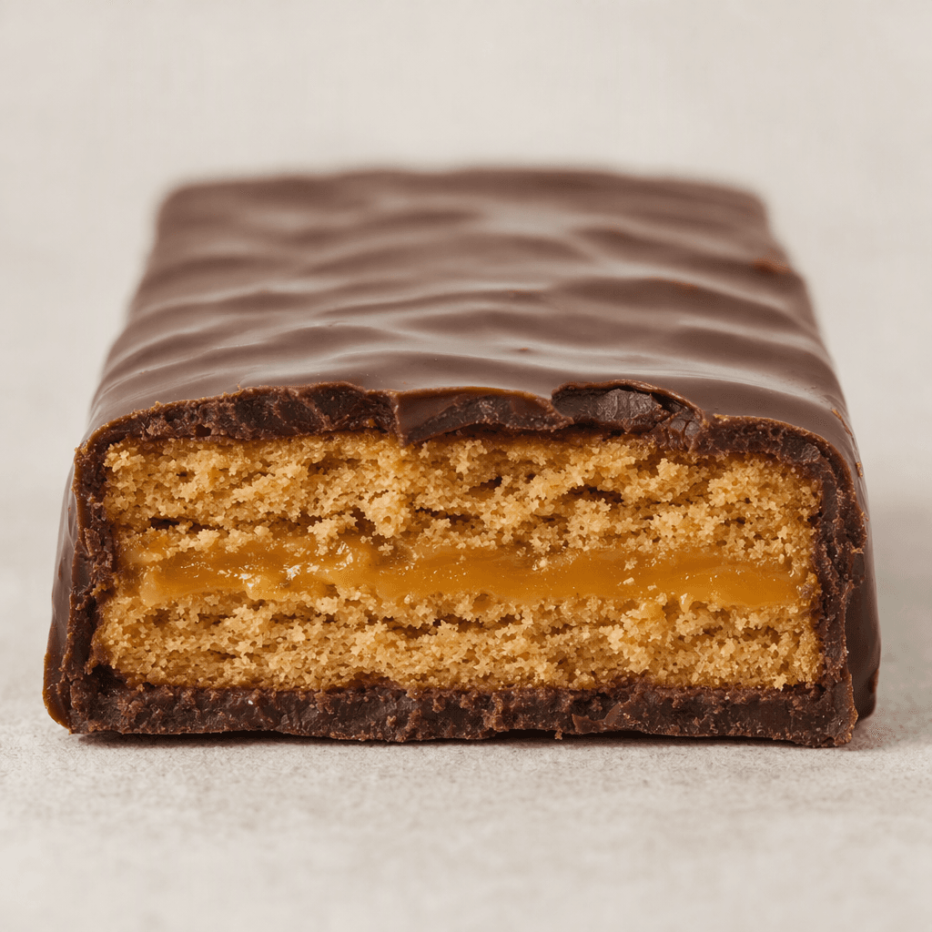 A rectangular bar coated in glossy dark-brown chocolate, with a broken cross-section showing crisp biscuit layers and a thin caramel layer inside.