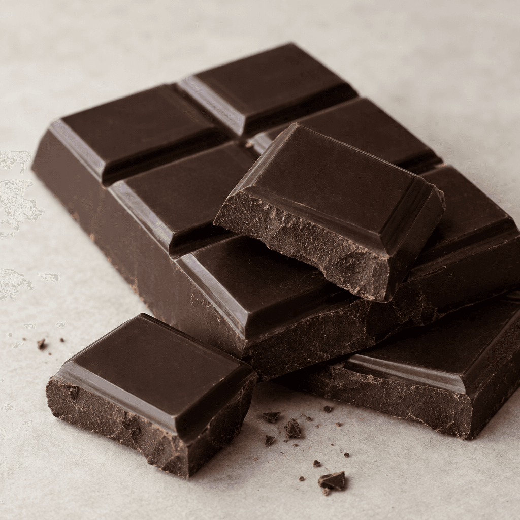 A dark brown, nearly black chocolate bar with a smooth, subtle sheen, clean rectangular segments, and a few neatly broken pieces showing a dense, matte interior, arranged on a plain surface.
